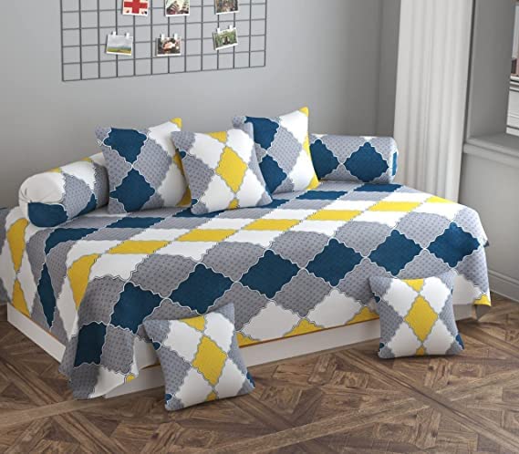 HOMICON HOMICON Premium Cotton 8 Pieces Diwan Cover Set with 1 Single Diwan Bedsheet 2 Bolster Covers and 5 Cushions Cover Multi Color  - Image 1