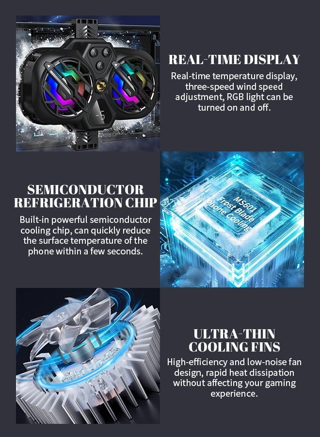 مبرد الهاتف المحمول RGB مع عرض درجة الحرارة في الوقت الفعلي وضبط سرعة الرياح بثلاث مستويات، مبرد الهاتف المحمول القابل للسحب مع شريحة تبريد ثنائية النواة عالية الكفاءة، مناسب للألعاب ومقاطع الفيديو والبث المباشر والملاحة، أسود - Image 3