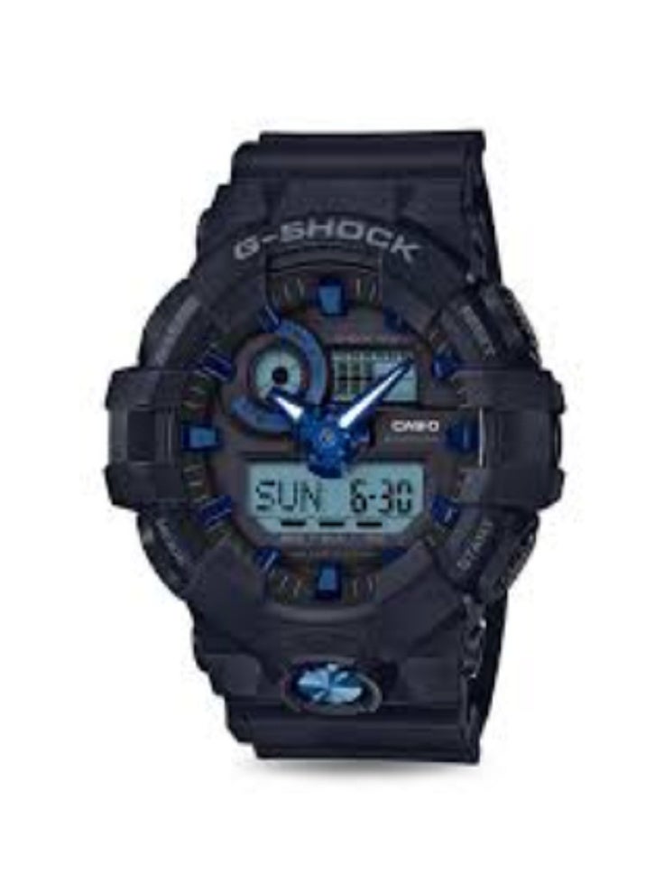 CASIO G-SHOCK GA-710B-1A2DR: Metallic Blue Hands, Oversized Case, and Direct Stopwatch
