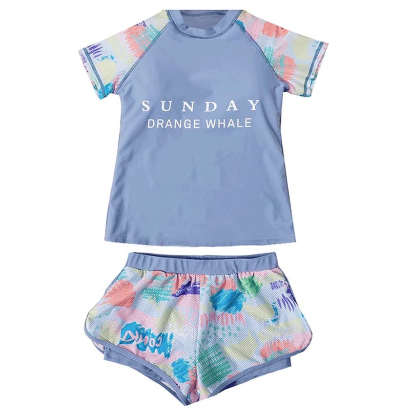 KORADI Girls Swimsuit Rash Guard Set 2-Piece Swimwear Short Sleeve Bathing Suit 3-14 Years(Short 11-12) - Image 4