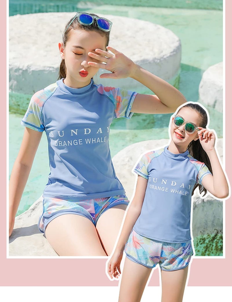 KORADI Girls Swimsuit Rash Guard Set 2-Piece Swimwear Short Sleeve Bathing Suit 3-14 Years(Short 11-12) - Image 3