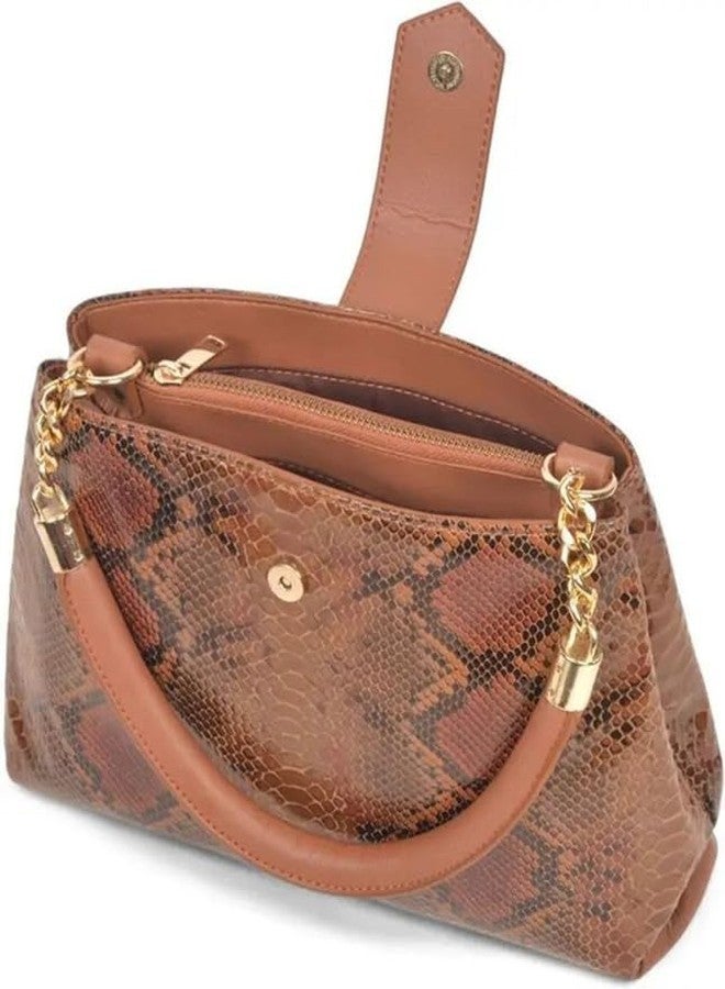 JAV Tan Snake Embossed Handbag for Women | Structured Faux Leather Satchel with Gold Chain Handle & Detachable Sling Strap - Image 5