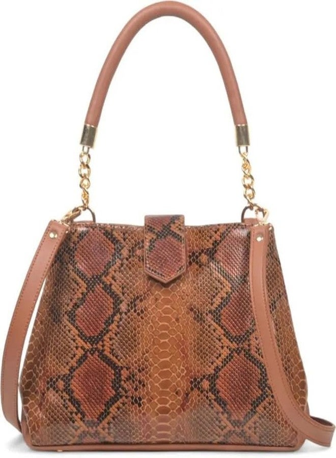 JAV Tan Snake Embossed Handbag for Women | Structured Faux Leather Satchel with Gold Chain Handle & Detachable Sling Strap - Image 2