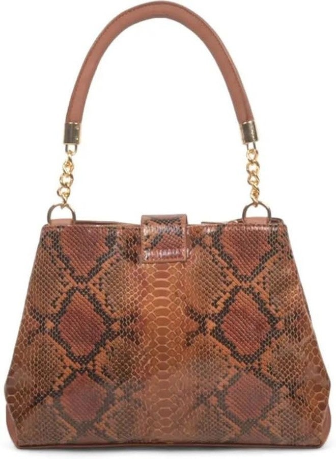 JAV Tan Snake Embossed Handbag for Women | Structured Faux Leather Satchel with Gold Chain Handle & Detachable Sling Strap - Image 1