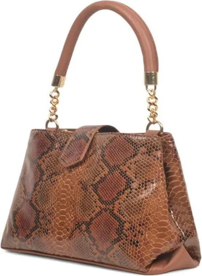 JAV Tan Snake Embossed Handbag for Women | Structured Faux Leather Satchel with Gold Chain Handle & Detachable Sling Strap - Image 3