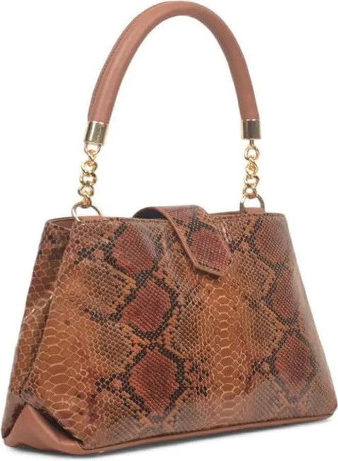 JAV Tan Snake Embossed Handbag for Women | Structured Faux Leather Satchel with Gold Chain Handle & Detachable Sling Strap - Image 4