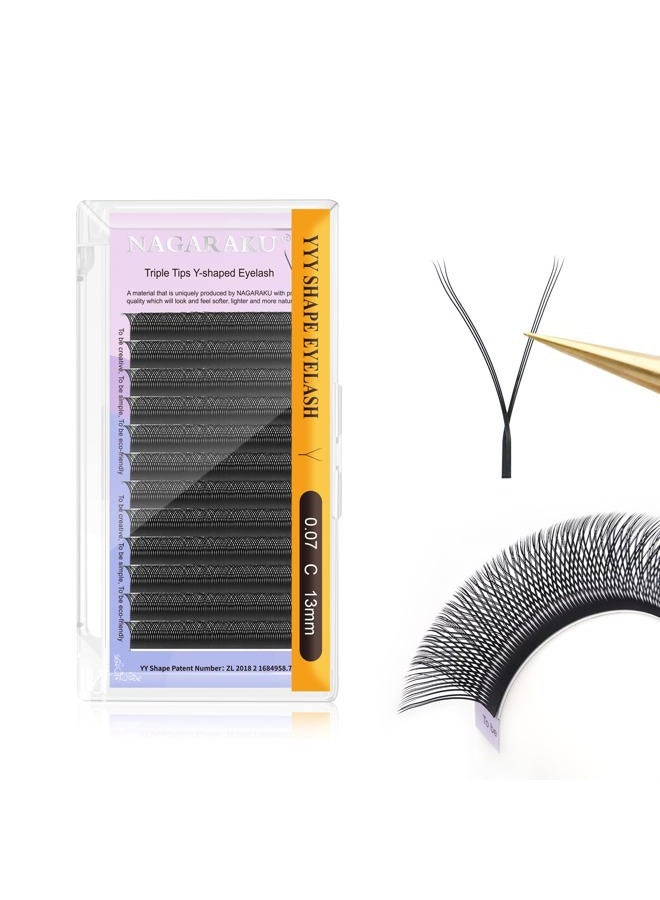 NAGARAKU YY Eyelash Extensions Supplies 4D Y Lash Premade Fans Russian Volume Cross Handwoven Y Shaped Mesh Technology Wispy Crisscross Cluster Matte Black 12 Rows(0.07 C Curl 13mm） - Image 1