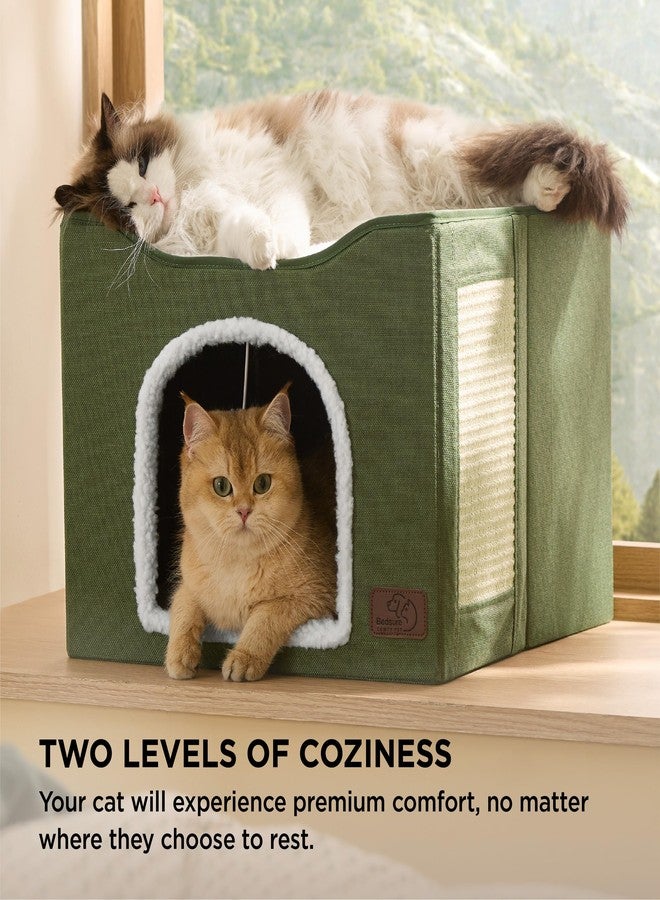 بيد شور سرير Bedsure للقطط المنزلية - كهف كبير للقطط مع كرة معلقة ناعمة ولوحة خدش، مخبأ قابل للطي للقطط، 16.5 × 16.5 × 13 بوصة، أخضر داكن - Image 3