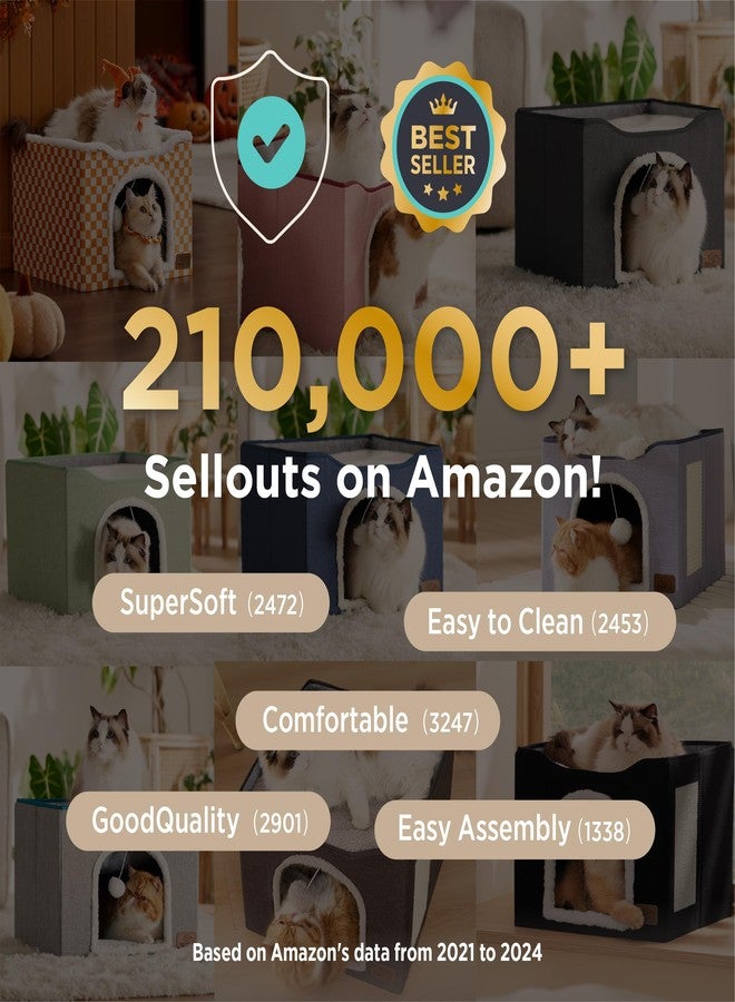 بيد شور سرير Bedsure للقطط المنزلية - كهف كبير للقطط مع كرة معلقة ناعمة ولوحة خدش، مخبأ قابل للطي للقطط، 16.5 × 16.5 × 13 بوصة، أخضر داكن - Image 5