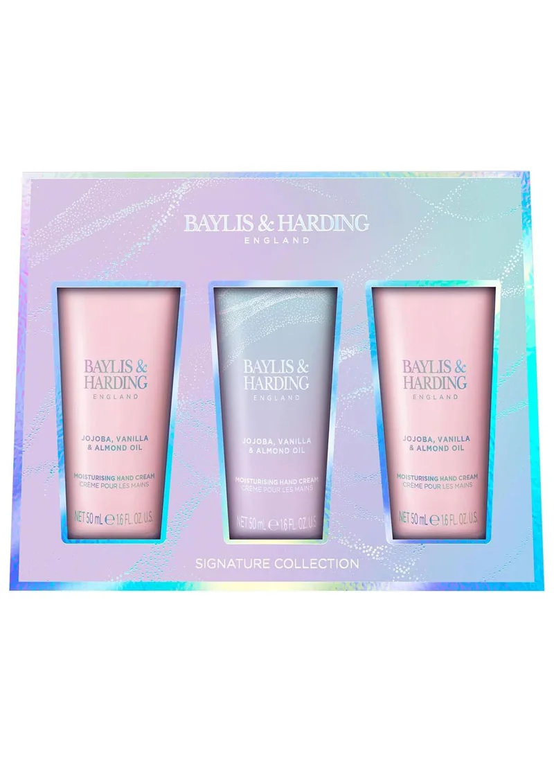 بايليس & هاردينج مجموعة هدايا فاخرة من كريمات اليدين بزيت الجوجوبا والفانيليا واللوز، ٣ × ٥٠ مل | مثالية للنساء وأعياد الميلاد والكريسماس