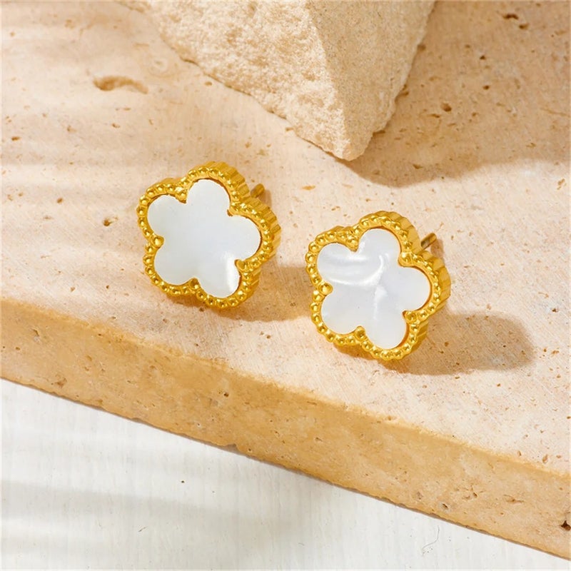 Golden White Stainless Steel Flower Earring - Image 2