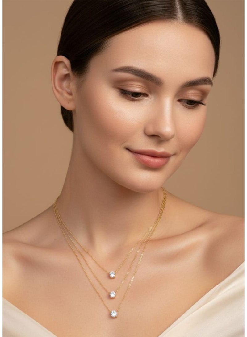 Luxuria A stylish and modern necklace made of 18-karat gold-plated stainless steel, with a simple and luxurious design, set with floating cubic zirconia stones, in three layers, suitable for women, and makes an ideal birthday gift. - Image 3