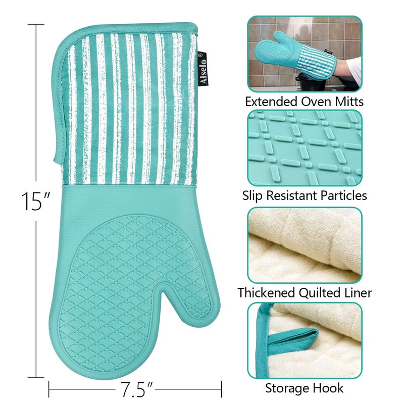 Alselo Silicone Oven Mitts Heat Resistant 932â„‰ with Waterproof & Non-Slip Kitchen Mittens, Set of 2 Extra Long Oven Gloves with Soft Cotton Terry Lining for Baking Cooking Barbecue - Image 2