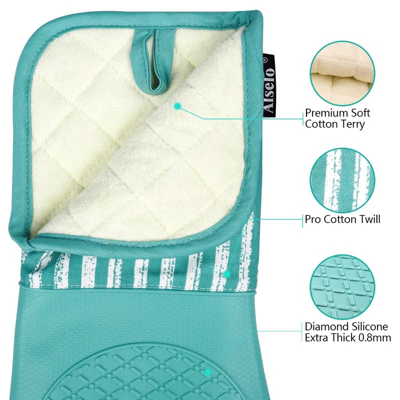 Alselo Silicone Oven Mitts Heat Resistant 932â„‰ with Waterproof & Non-Slip Kitchen Mittens, Set of 2 Extra Long Oven Gloves with Soft Cotton Terry Lining for Baking Cooking Barbecue - Image 3