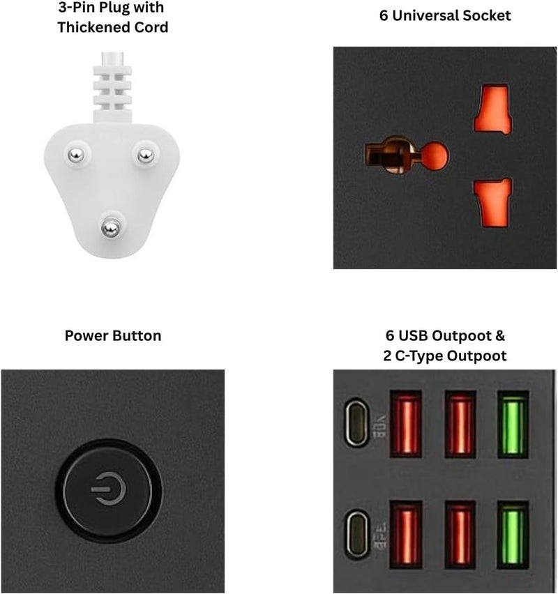 NOJTI لوحة تمديد، مشترك كهربائي مع 6 منافذ USB و3 مقابس عالمية، سلك تمديد بقدرة 2500 واط 10 أمبير، مشترك كهربائي مزود بحماية من زيادة التيار ثلاثي الأطراف للمنزل، المكتب، الكمبيوتر، شحن الجوال (أسود-Z69) - Image 4