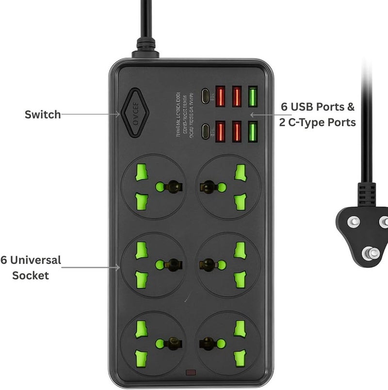 NOJTI لوحة تمديد، مشترك كهربائي مع 6 منافذ USB و3 مقابس عالمية، سلك تمديد بقدرة 2500 واط 10 أمبير، مشترك كهربائي مزود بحماية من زيادة التيار ثلاثي الأطراف للمنزل، المكتب، الكمبيوتر، شحن الجوال (أسود-Z69) - Image 3