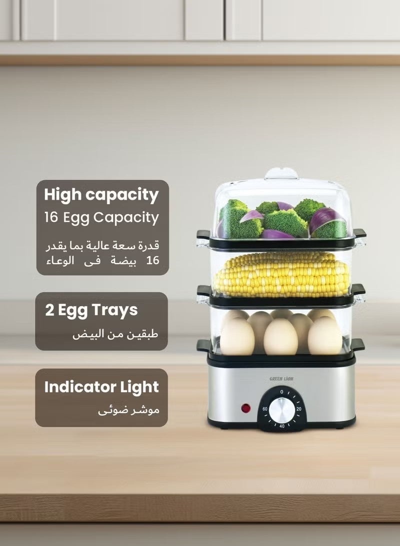 GreenLion 3-Tier Egg Cooker & Vegetables Steamer 500W with 16 Egg Capacity & 0-60 min Timer Knob UK / 500mL Water Reservoir / Stainless Steel Heating / Rotary Knob / Steam Vent Lid / 1L Steam Rack / BPA Free Plastic / Indicator Light - Grey - Image 5