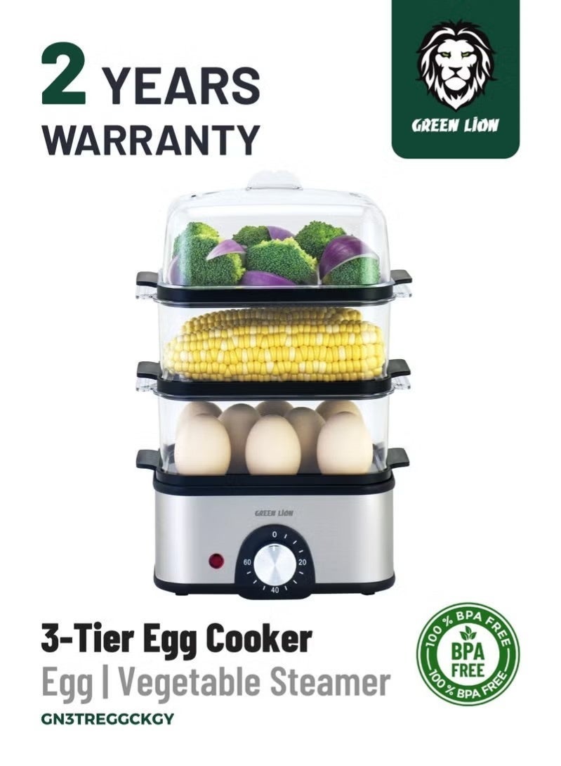 GreenLion 3-Tier Egg Cooker & Vegetables Steamer 500W with 16 Egg Capacity & 0-60 min Timer Knob UK / 500mL Water Reservoir / Stainless Steel Heating / Rotary Knob / Steam Vent Lid / 1L Steam Rack / BPA Free Plastic / Indicator Light - Grey - Image 1