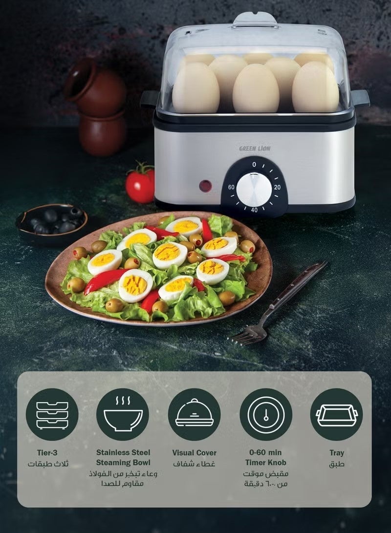 GreenLion 3-Tier Egg Cooker & Vegetables Steamer 500W with 16 Egg Capacity & 0-60 min Timer Knob UK / 500mL Water Reservoir / Stainless Steel Heating / Rotary Knob / Steam Vent Lid / 1L Steam Rack / BPA Free Plastic / Indicator Light - Grey - Image 4
