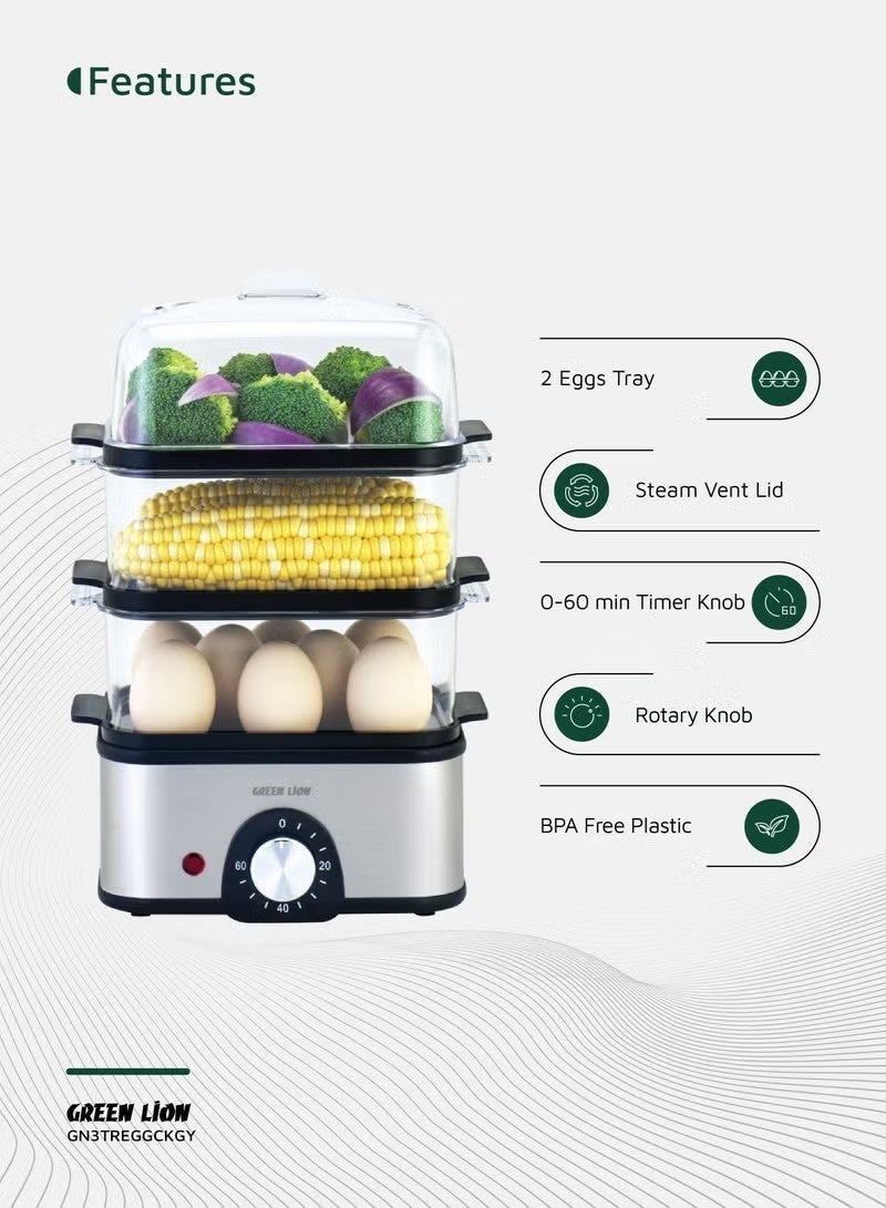 GreenLion 3-Tier Egg Cooker & Vegetables Steamer 500W with 16 Egg Capacity & 0-60 min Timer Knob UK / 500mL Water Reservoir / Stainless Steel Heating / Rotary Knob / Steam Vent Lid / 1L Steam Rack / BPA Free Plastic / Indicator Light - Grey - Image 2