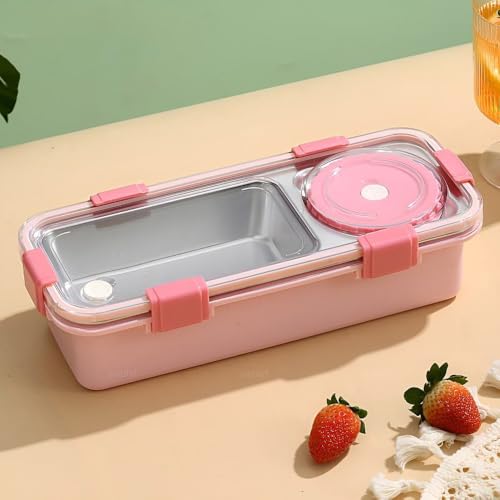 peplyf Meal Buddy Lunchbox | Stainless Steel | Solid Snacks & Meals | 2 Grid with 150ml Container (Pink) - Image 1