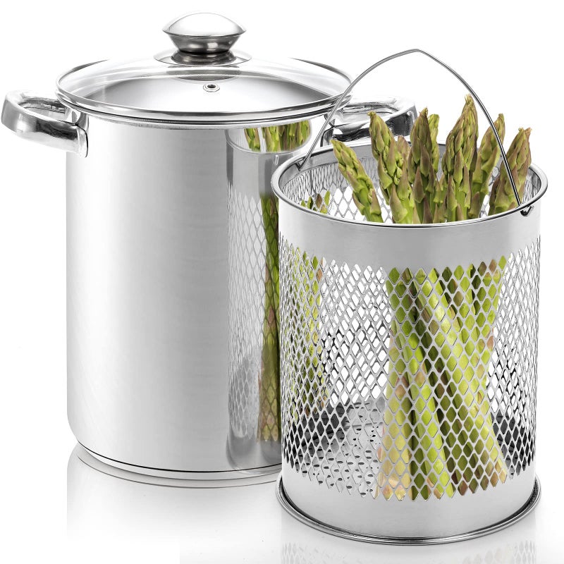 AVLA Asparagus Pot 4 Quart Stainless Steel Steamer Cooker Vegetable Asparagus Cooker with Removable Basket and Lid for Pasta Spaghetti Boiled Eggs Shrimp Oil Deep Fry Pan for French Fries