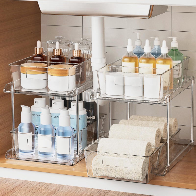 Fabspace Pull-out Home Organizer, 2 Pack 2 Tier Clear Bathroom Organizer with Dividers, Multipurpose Vanity Counter Tray, Kitchen, Closet Organizers, Cabinet & Storage Container Bins - Image 1