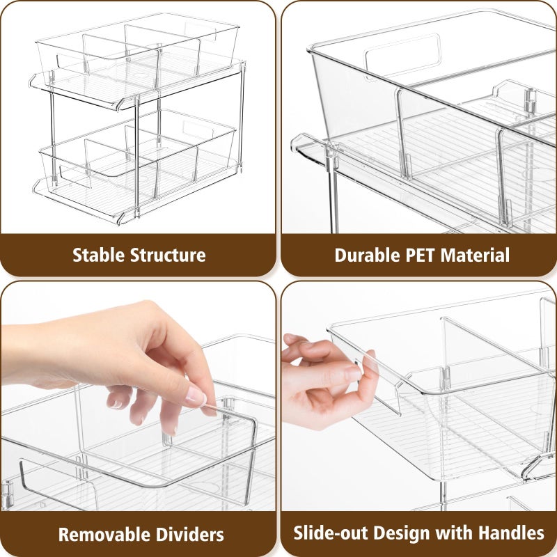 Fabspace Pull-out Home Organizer, 2 Pack 2 Tier Clear Bathroom Organizer with Dividers, Multipurpose Vanity Counter Tray, Kitchen, Closet Organizers, Cabinet & Storage Container Bins - Image 4