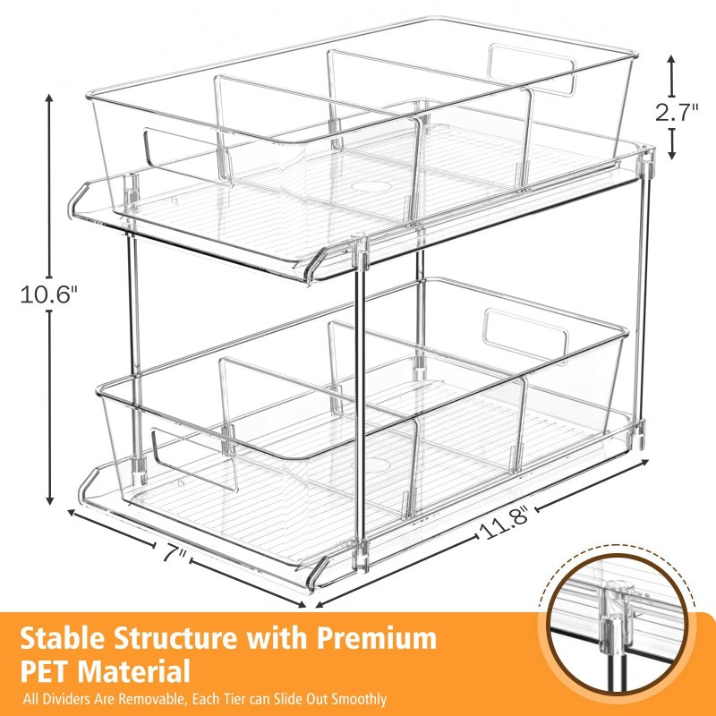 Fabspace Pull-out Home Organizer, 2 Pack 2 Tier Clear Bathroom Organizer with Dividers, Multipurpose Vanity Counter Tray, Kitchen, Closet Organizers, Cabinet & Storage Container Bins - Image 2