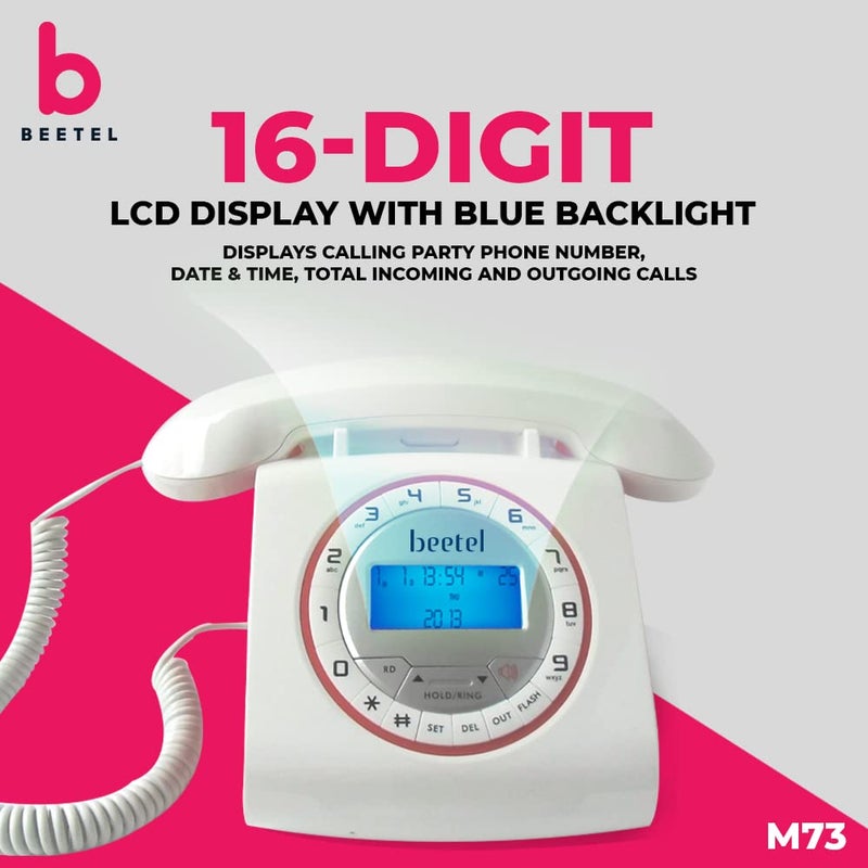 Beetel هاتف أرضي سلكي M73N مع معرف المتصل وشاشة LCD مكونة من 16 رقم، تصميم رجعي، لوحة مفاتيح أبجدية رقمية، هاتف مكبر صوت ثنائي الاتجاه، رنين قابل للتعديل (أبيض وأحمر)(M73N) - Image 2
