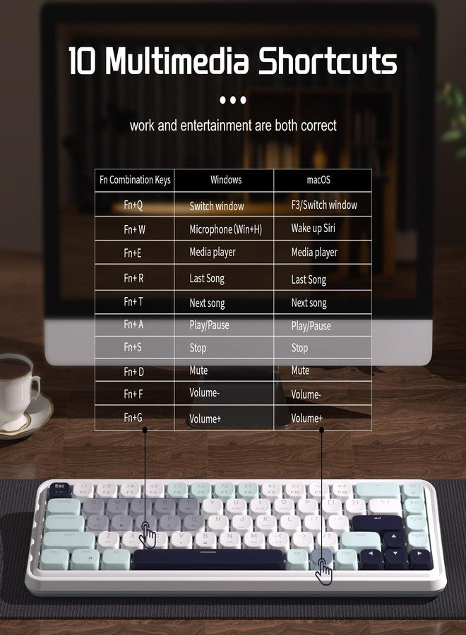 MageGee 60% Slim Wireless Creamy Mechanical Keyboard,Moon68 RGB Backlit Gaming Keyboard,Quiet 2.4G/BT5.0/USB-C Blue Tooth 68Keys with Short Red Switches for PC MAC Xbox(Sky Blue) - Image 5