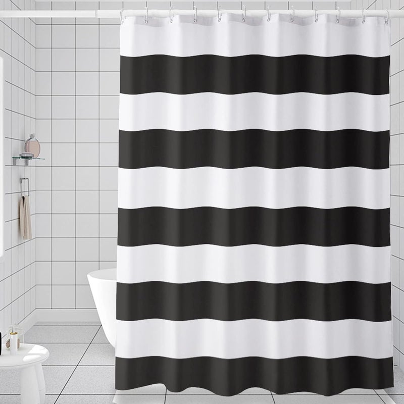 AmazerBath Black and White Shower Curtain Cloth, Striped Shower Curtain Fabric with 2 Heavy Stones, 72" W x 72" H - Image 1