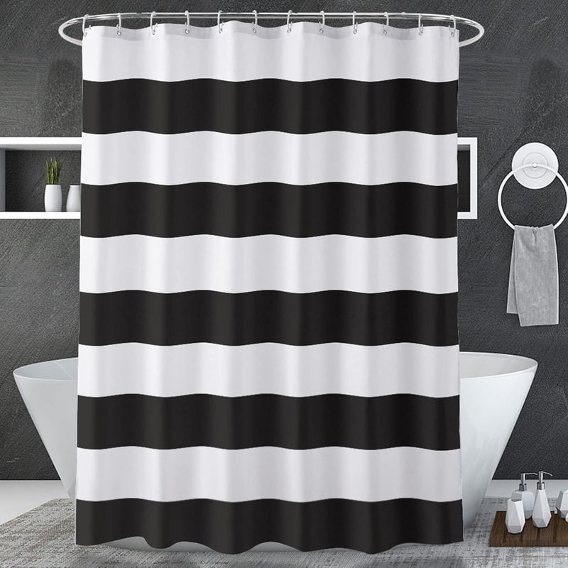 AmazerBath Black and White Shower Curtain Cloth, Striped Shower Curtain Fabric with 2 Heavy Stones, 72" W x 72" H - Image 3