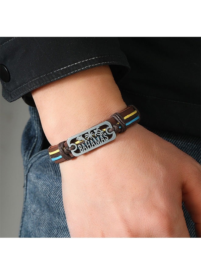 بيوند سوار لوحات معدنية على شكل دولفين، سوار سحب حبل من جلد البقر الأصلي للرجال (بني) - Image 2