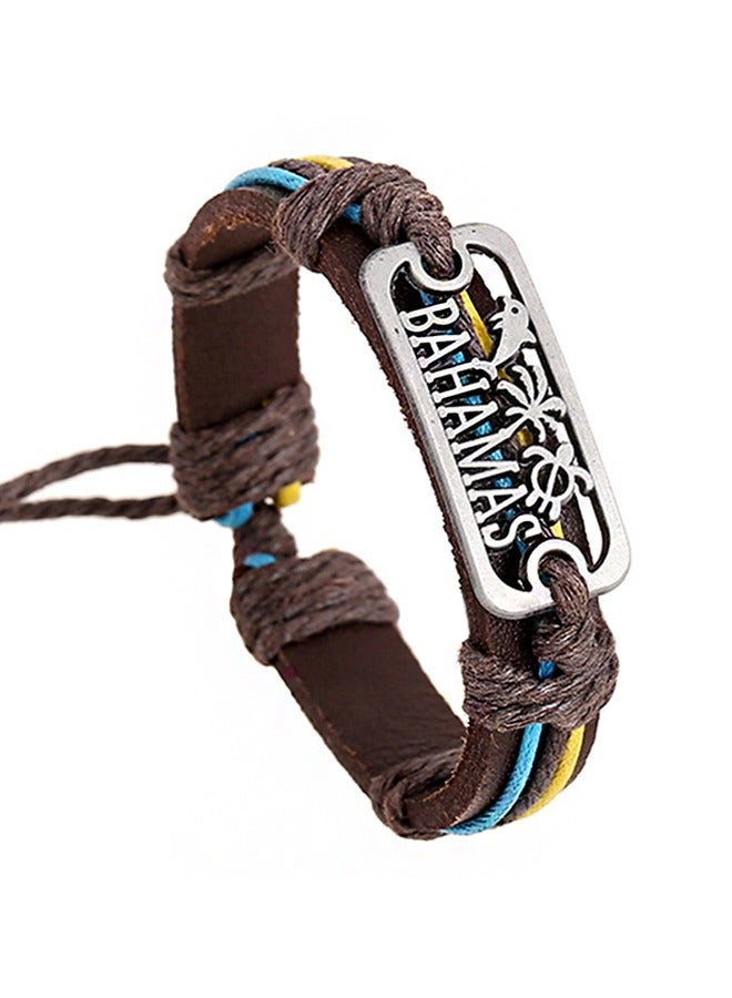 بيوند سوار لوحات معدنية على شكل دولفين، سوار سحب حبل من جلد البقر الأصلي للرجال (بني) - Image 1