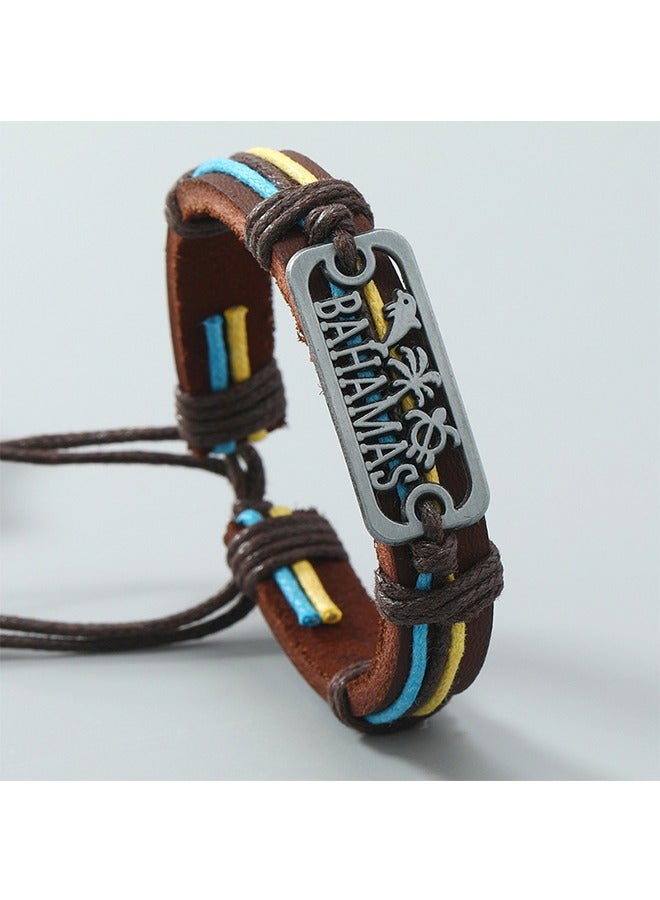 بيوند سوار لوحات معدنية على شكل دولفين، سوار سحب حبل من جلد البقر الأصلي للرجال (بني) - Image 3