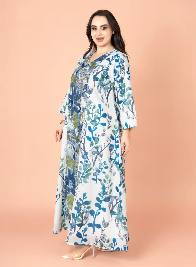 IKKXA Embroidery Applique Wide Cut Jalabiya IK3003 Blue