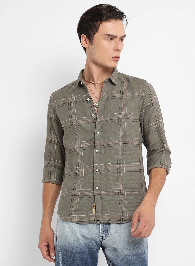 Campus Sutra Men's Olive Green Maxi Tartan Plaid Shirt