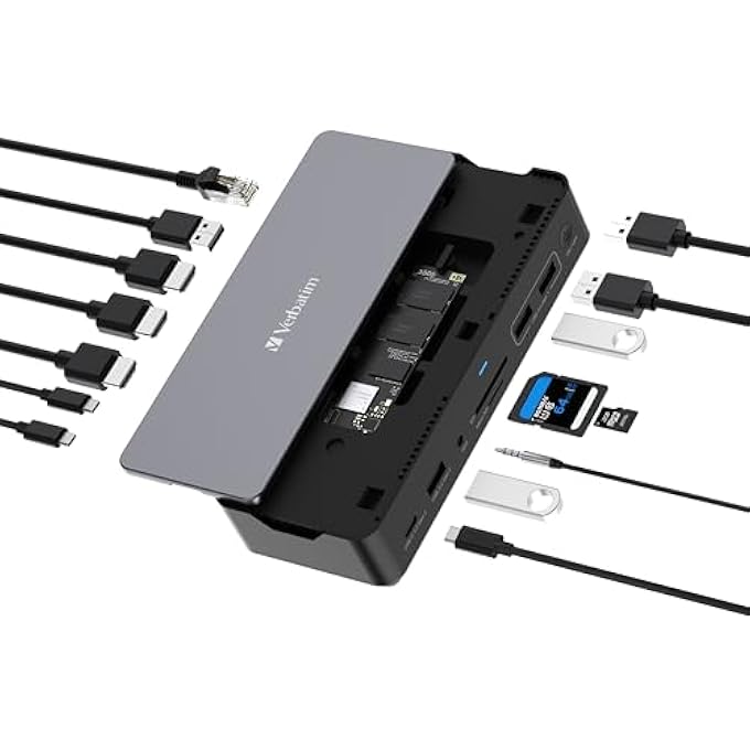 VERBATIM USB C PRO DOCKING STATION 15-IN-1 WITH SSD ENCLOSURE,USB-C TO HDMI, DISPLAYPORT,RJ45, USBA-A,USB-C PD, AUDIO JACK, SD,MICRO SD CARD READER FOR MAC,WINDOWS COMPUTER,LAPTOP - Image 1