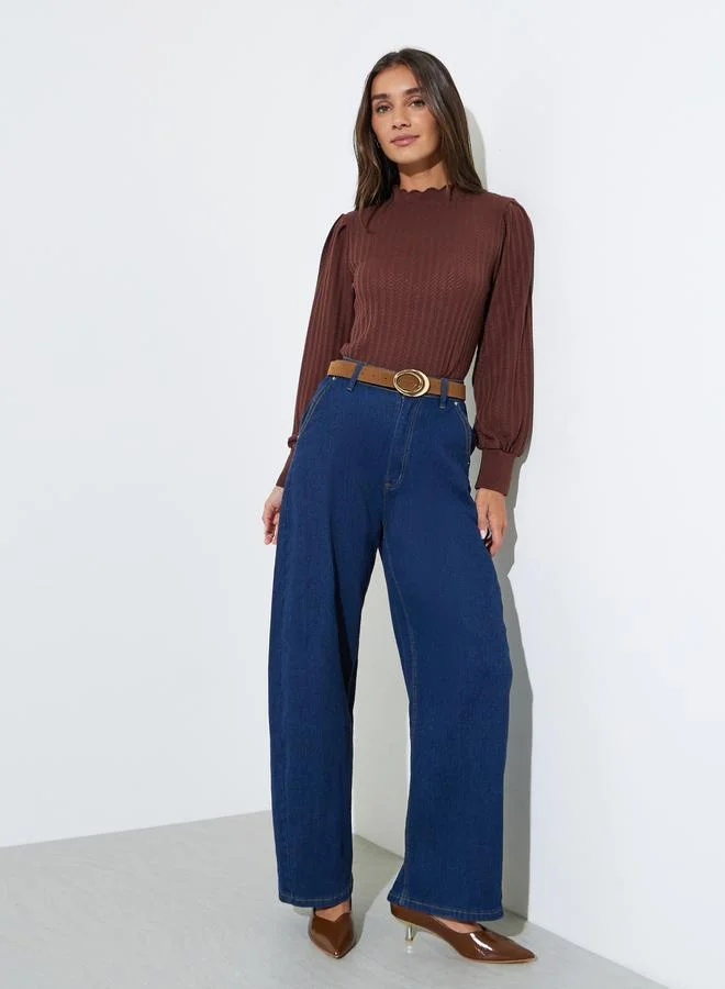 ستايلي Brown High Neck Pointelle Knit Top