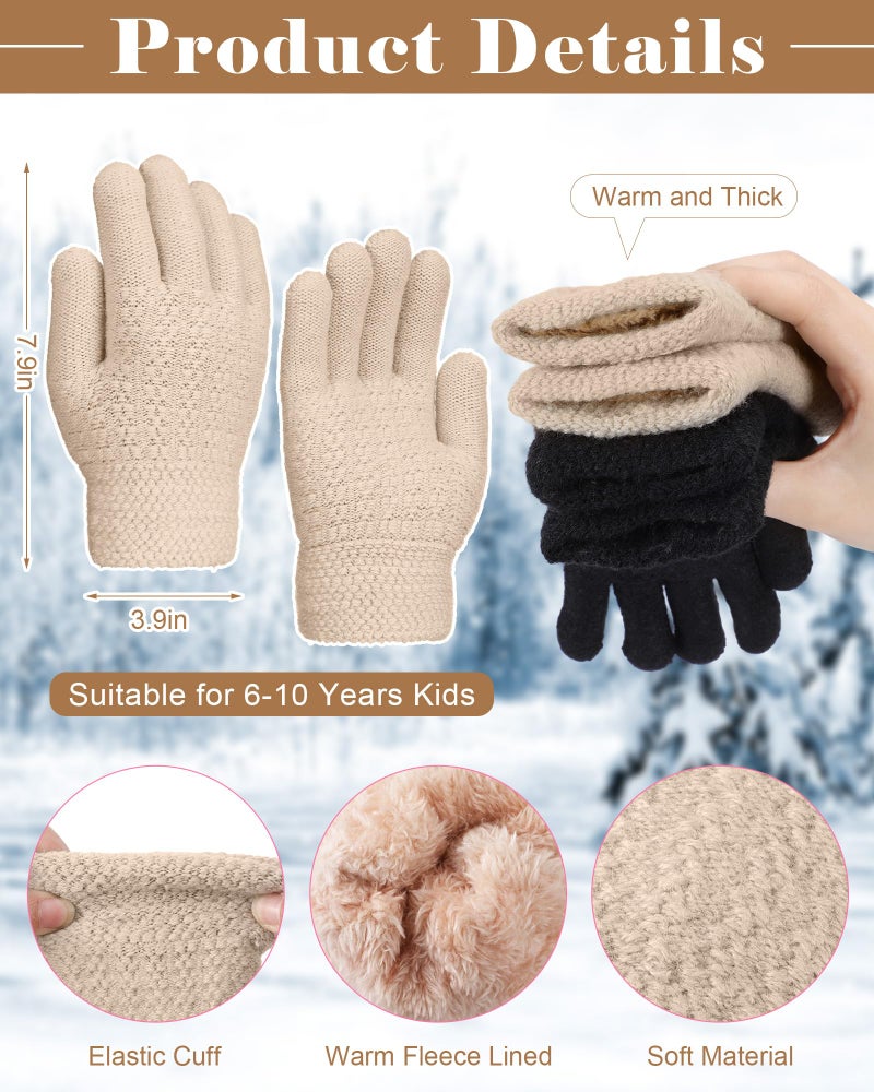 Chuarry 2 Pairs Kids Fleece Lined Gloves Winter Thick Warm Thermal Cable Knit Gloves for 6-10 Years Boys Girls(Beige, Black) - Image 3