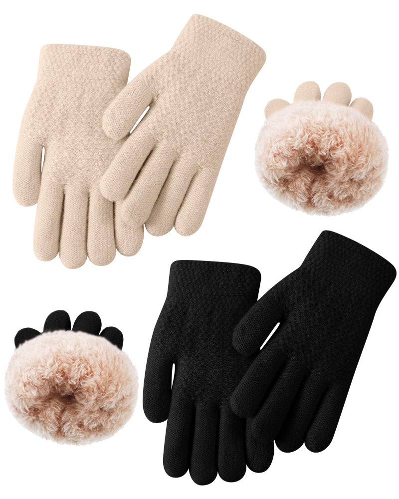 Chuarry 2 Pairs Kids Fleece Lined Gloves Winter Thick Warm Thermal Cable Knit Gloves for 6-10 Years Boys Girls(Beige, Black) - Image 1