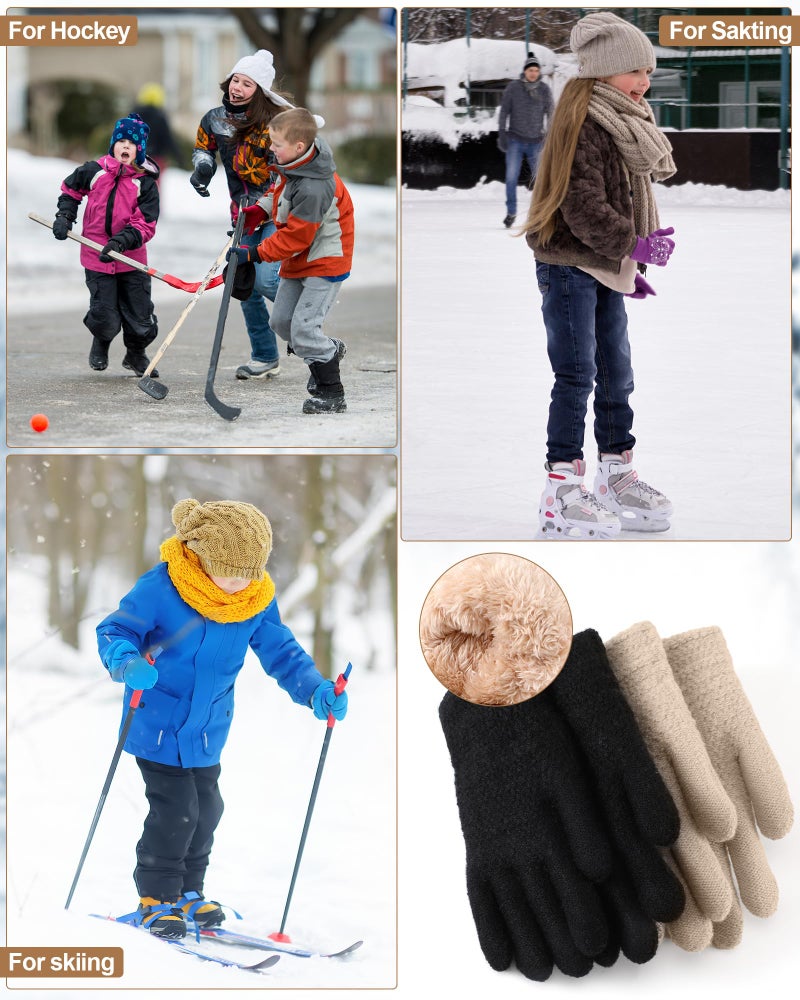Chuarry 2 Pairs Kids Fleece Lined Gloves Winter Thick Warm Thermal Cable Knit Gloves for 6-10 Years Boys Girls(Beige, Black) - Image 5