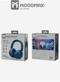 MOOGMAX MX-613 Wireless Bluetooth Headphones with Built-in Microphone for Calls. Bass-free headphones with clear stereo sound. headphones wireless with the latest Bluetooth 5.3 version. headphones bluetooth with up to 18-24 hours of playback time. Foldable, height-adjustable wireless headset. headset wireless compatible with all phones. over ear headphones with comfortable, soft cushions. Moogmax headphones in Blue.  - Image 3