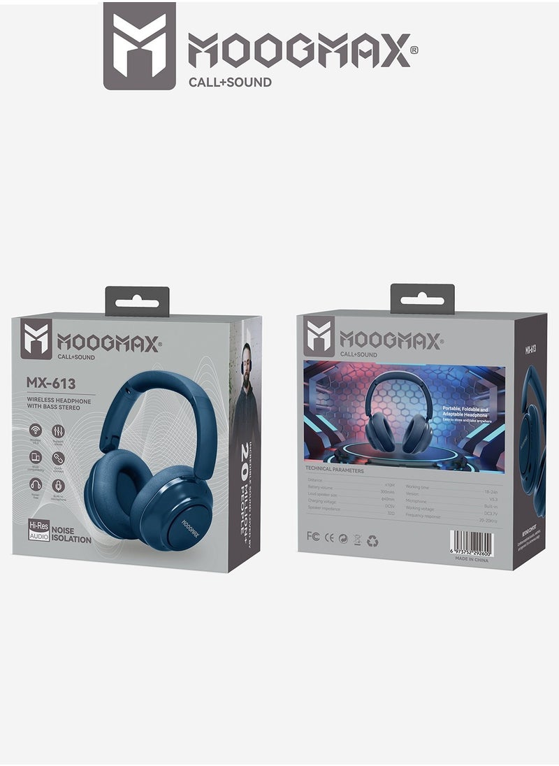 MOOGMAX - MX-613 Wireless Bluetooth Headphones with Built-in Microphone for Calls. Bass-free headphones with clear stereo sound. headphones wireless with the latest Bluetooth 5.3 version. headphones bluetooth with up to 18-24 hours of playback time. Foldable, height-adjustable wireless headset. headset wireless compatible with all phones. over ear headphones with comfortable, soft cushions. Moogmax headphones in Blue. - Image 1