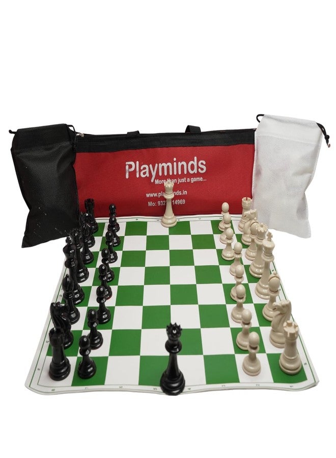 Playminds 17'' X 17'' Tournament Chess Set with Vinyl Foldable Chess Board Game with Solid Brown Plastic Pieces with Extra Queens and Red Bag (17 x 17 Inch Board, Green and White) - Image 2