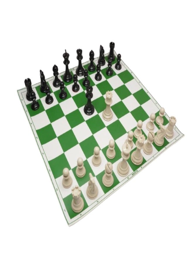 Playminds 17'' X 17'' Tournament Chess Set with Vinyl Foldable Chess Board Game with Solid Brown Plastic Pieces with Extra Queens and Red Bag (17 x 17 Inch Board, Green and White) - Image 1