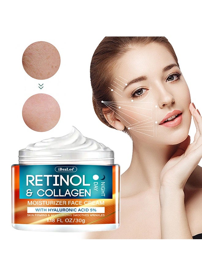 iBealee Retinol & Collagen Moisturizer Face Cream - Collagen and Retinol Moisturizer with Hyaluronic Acid, Day-Night Anti-Aging Moisturizer for Women, Men, Collagen Cream for Face Reduces Wrinkles, Dryness 30g - Image 1