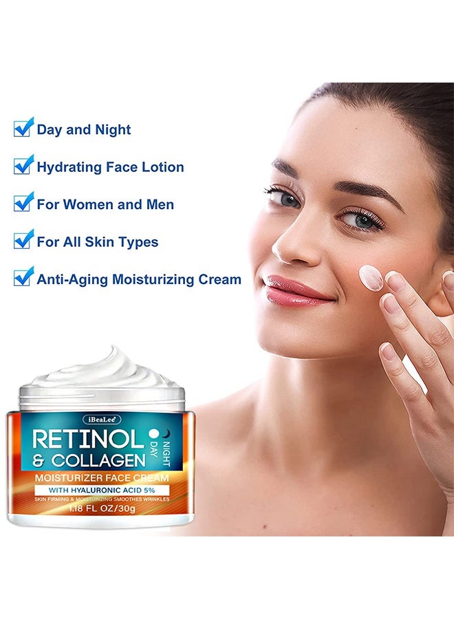 iBealee Retinol & Collagen Moisturizer Face Cream - Collagen and Retinol Moisturizer with Hyaluronic Acid, Day-Night Anti-Aging Moisturizer for Women, Men, Collagen Cream for Face Reduces Wrinkles, Dryness 30g - Image 2