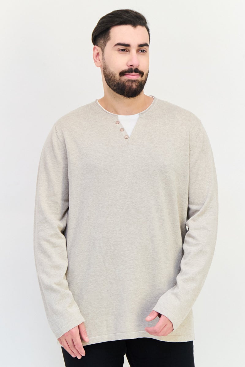 Celio Men Crew Neck Heather Sweater, Beige - Image 1